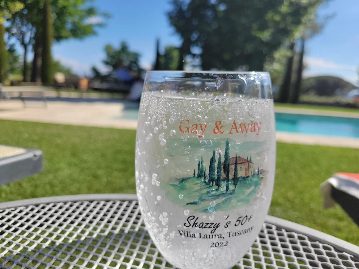 Reunion Glasses - 16oz personalized Tritan stemless plastic wine glasses, lake life, full color, class cups, high school, wedding, beach.
