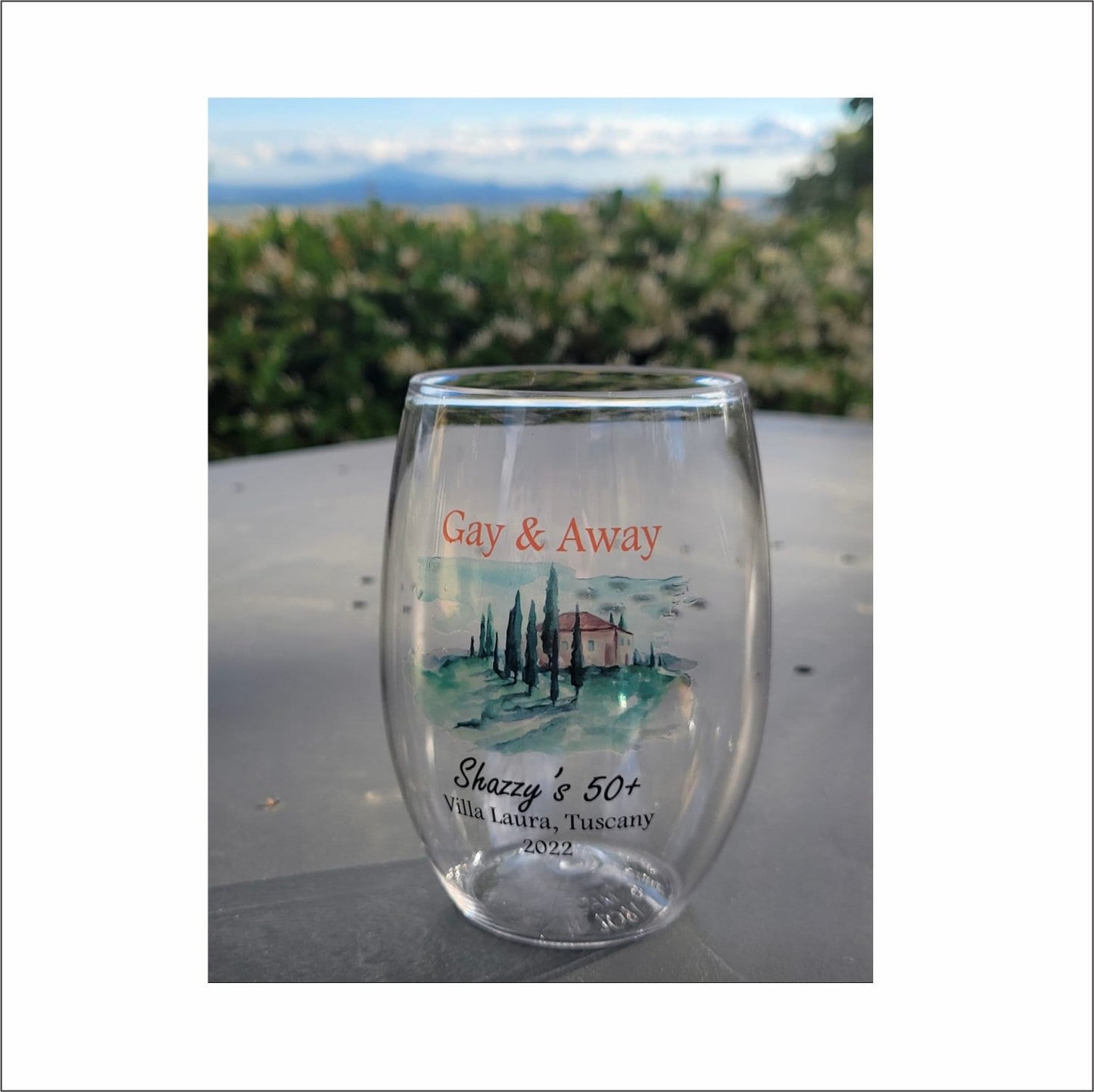 Reunion Glasses - 16oz personalized Tritan stemless plastic wine glasses, lake life, full color, class reunion, high school, wedding, beach.