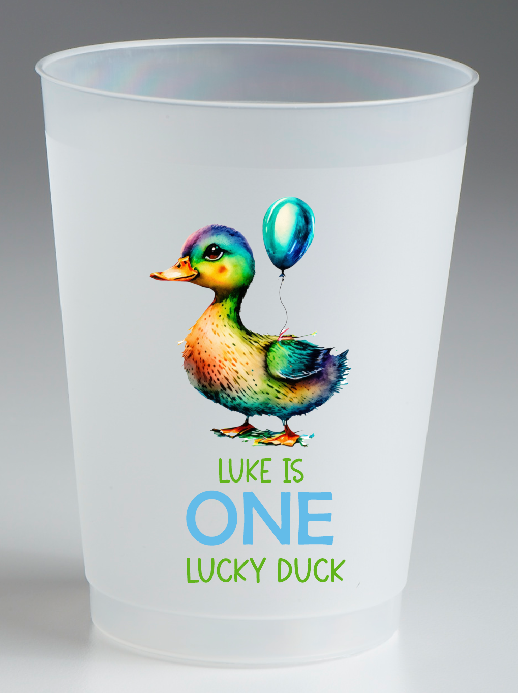 16oz Personalized Frost Flex cups, one lucky duck, first birthday, custom printed